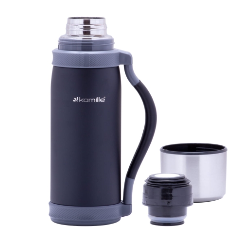 Duży czarny termos stalowy Kamille 1200 ml z rączką i paskiem