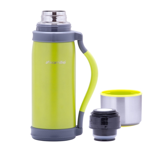 Duży zielony termos stalowy Kamille 1200 ml z rączką i paskiem