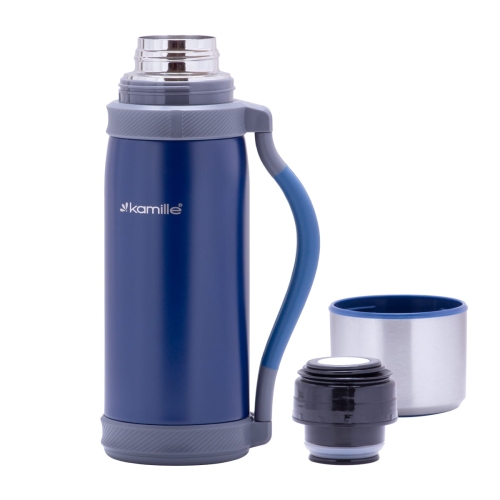 Duży granatowy termos stalowy Kamille 1200 ml z rączką i paskiem