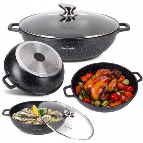 wok marmurowy 5,5L Kamille garnek z powłoką nieprzywierającą i pokrywką