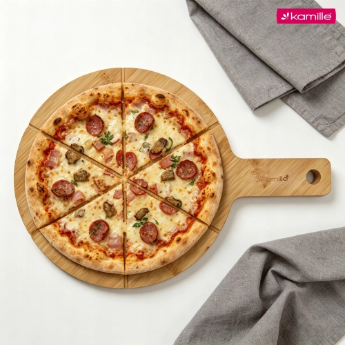 Deska do pizzy Kamille 23 cm z bambusa z praktyczną rączką
