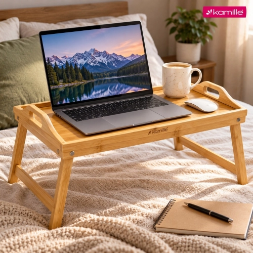 Bambusowy stolik do łóżka Kamille z miejscem na laptopa