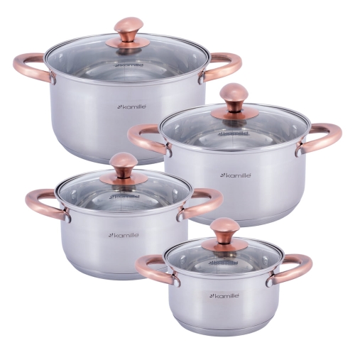 zestaw garnków stal nierdzewna 8 elementów Kamille z pokrywkami na indukcję i gaz