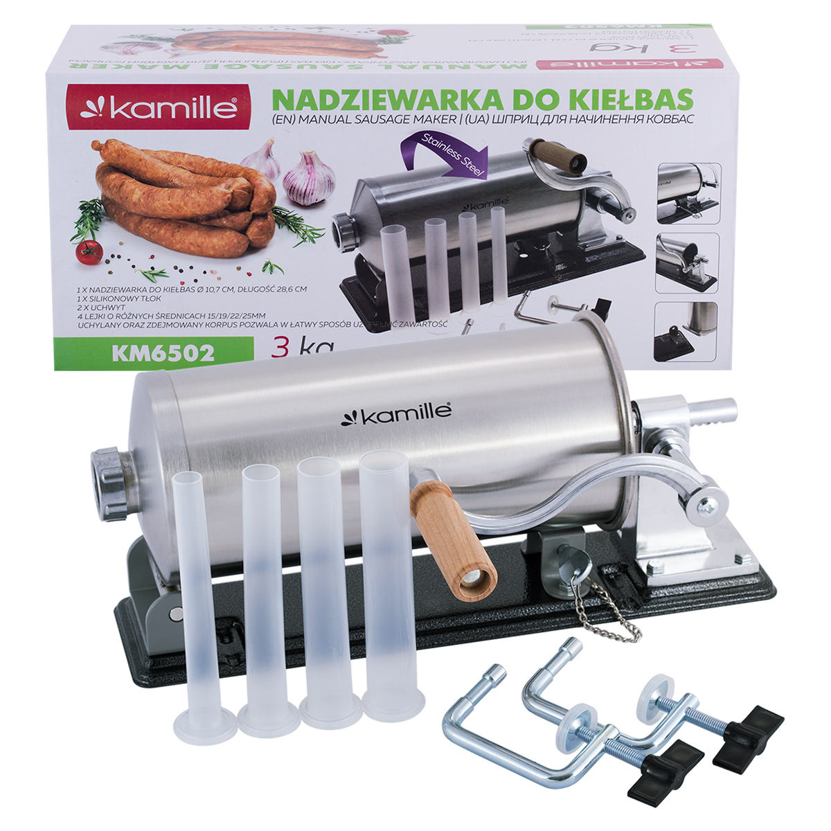 Solidna nadziewarka do kiełbas, wędlin 3kg + 4 końcówki